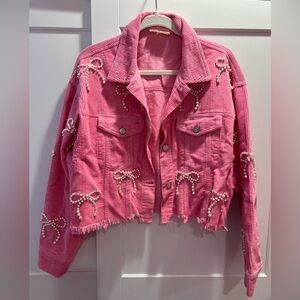 NWOT Peach Love California Pink Jean Jacket with Pearl Accents